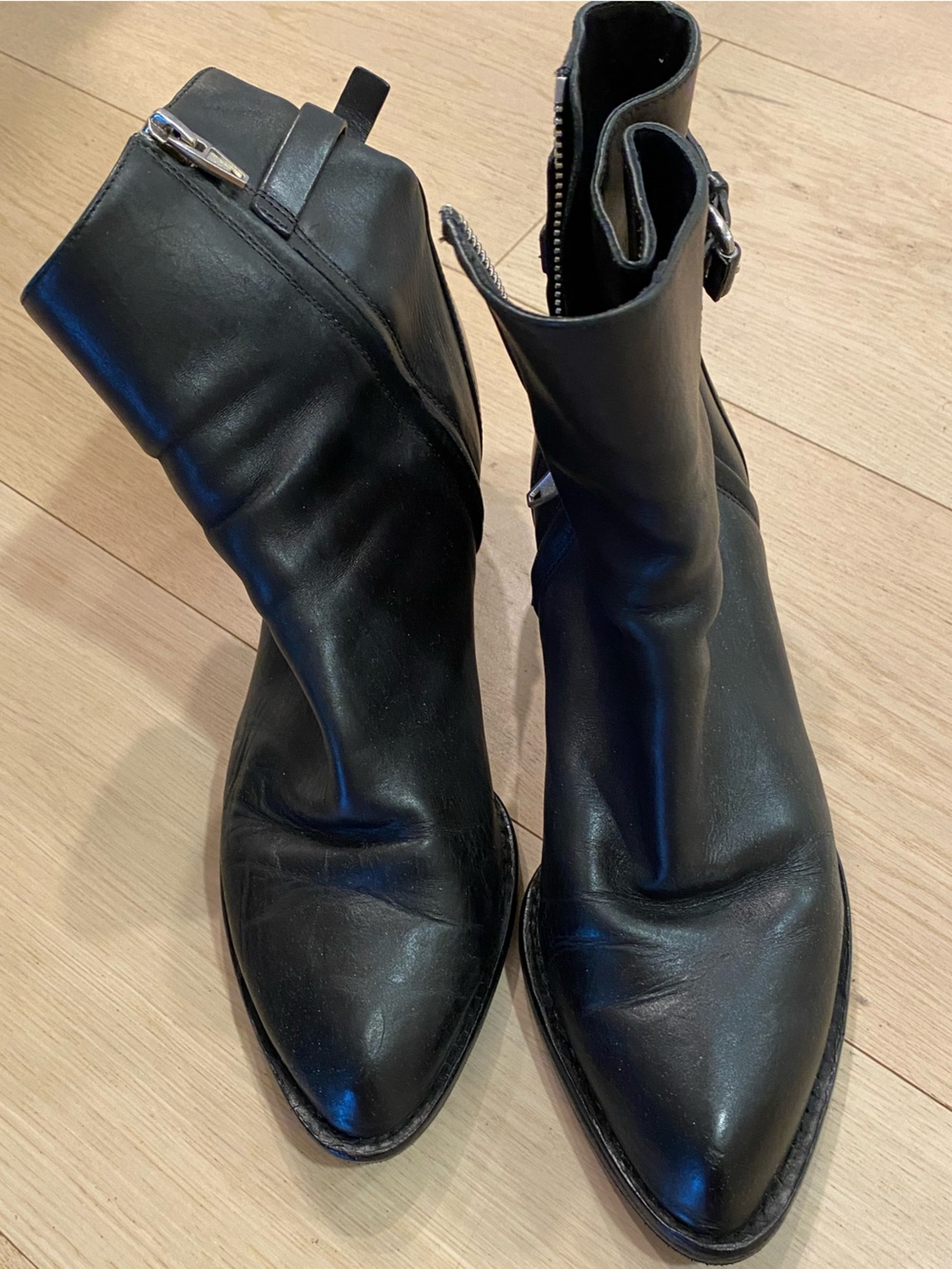 Alexander Wang Black Leather Pointed Ankle Boots with Side Zip